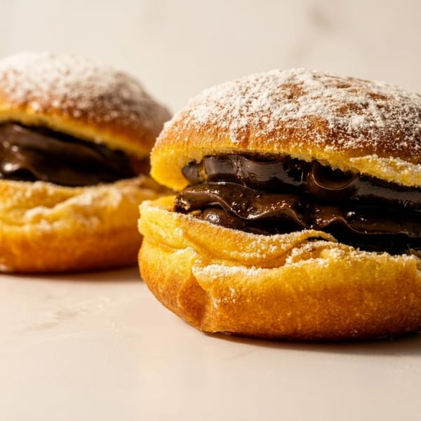 Two golden, powdered sugar-dusted donuts filled with rich chocolate cream on a white surface.