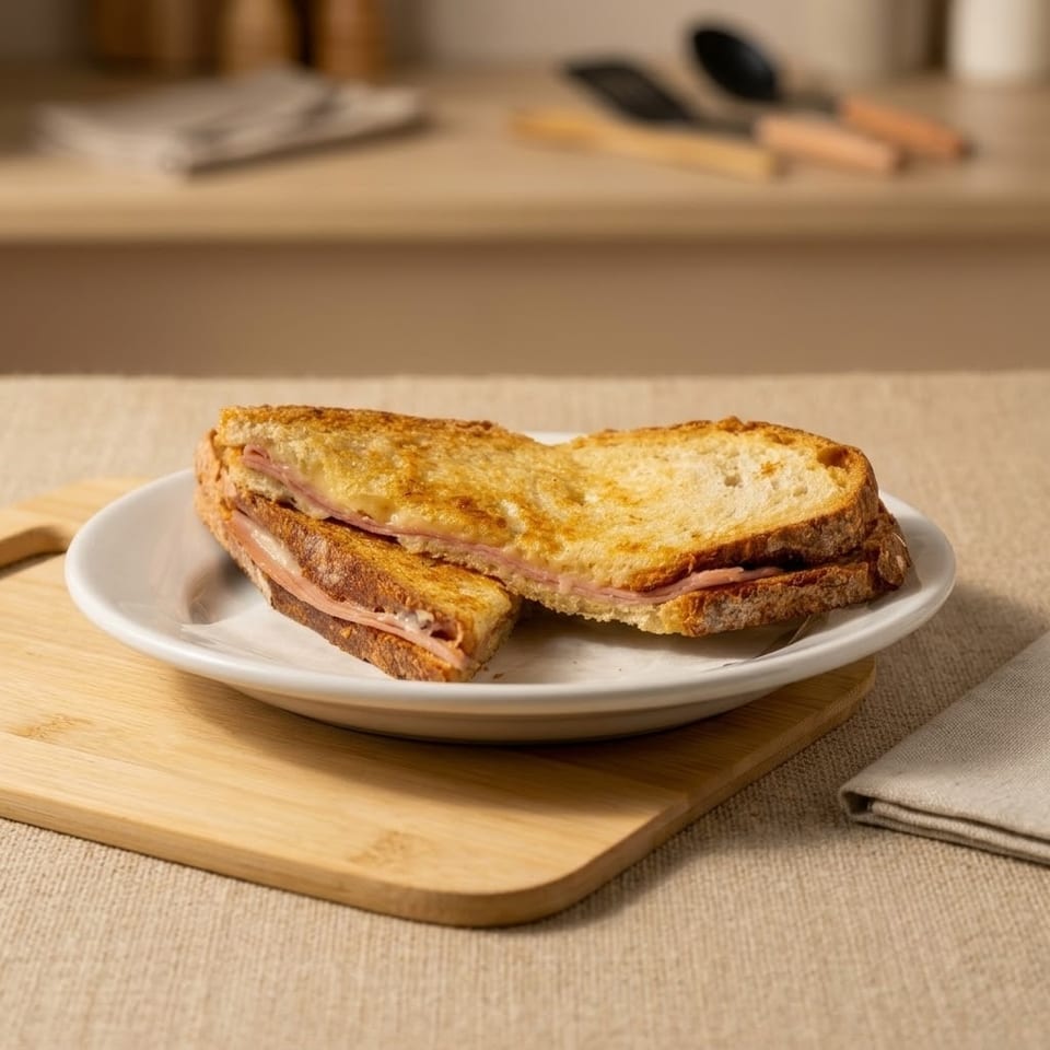 Golden-brown grilled ham and cheese sandwich, cut in half, on a white plate with a wooden board.