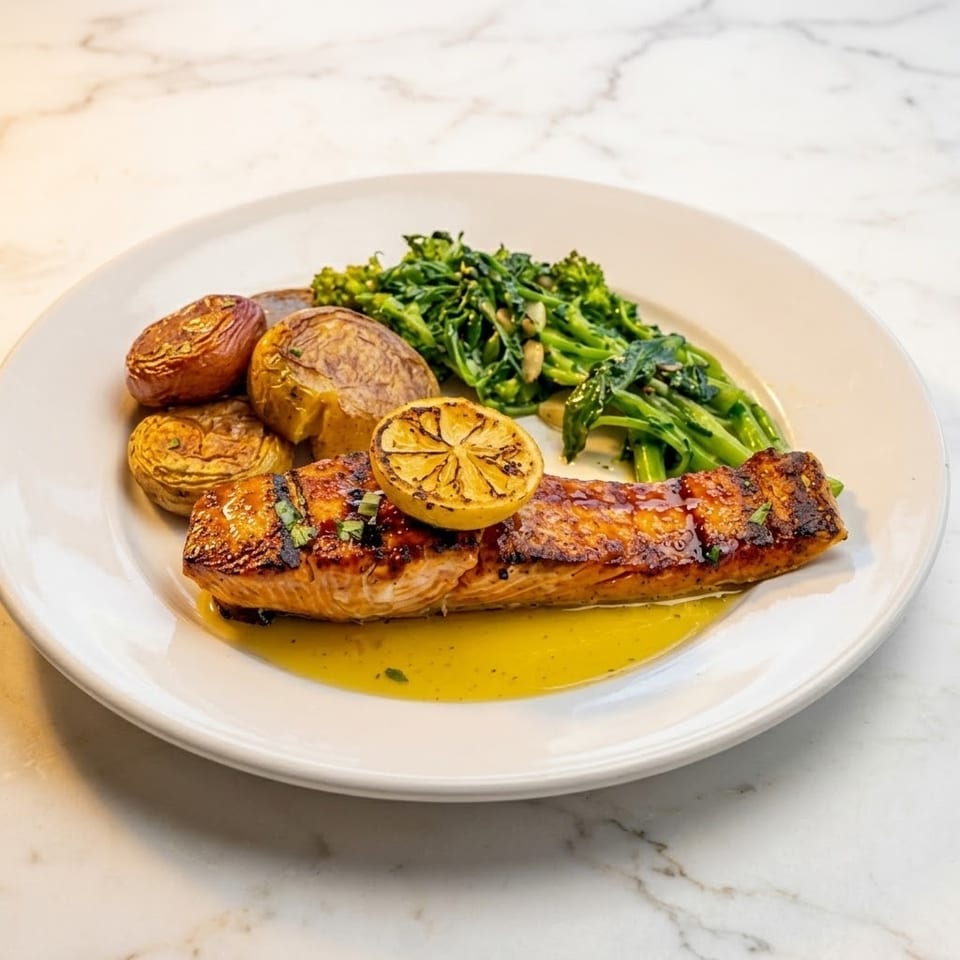 Grilled salmon with a lemon slice, roasted potatoes, and broccolini on a white plate.