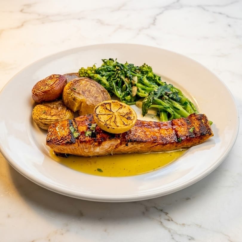 Grilled salmon with a lemon slice, roasted potatoes, and broccolini on a white plate.