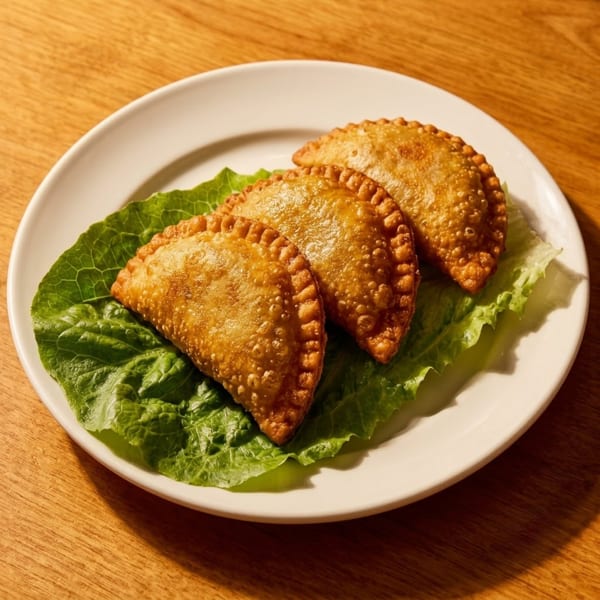 Three golden-brown empanadas rest on a bed of fresh green lettuce on a white plate.