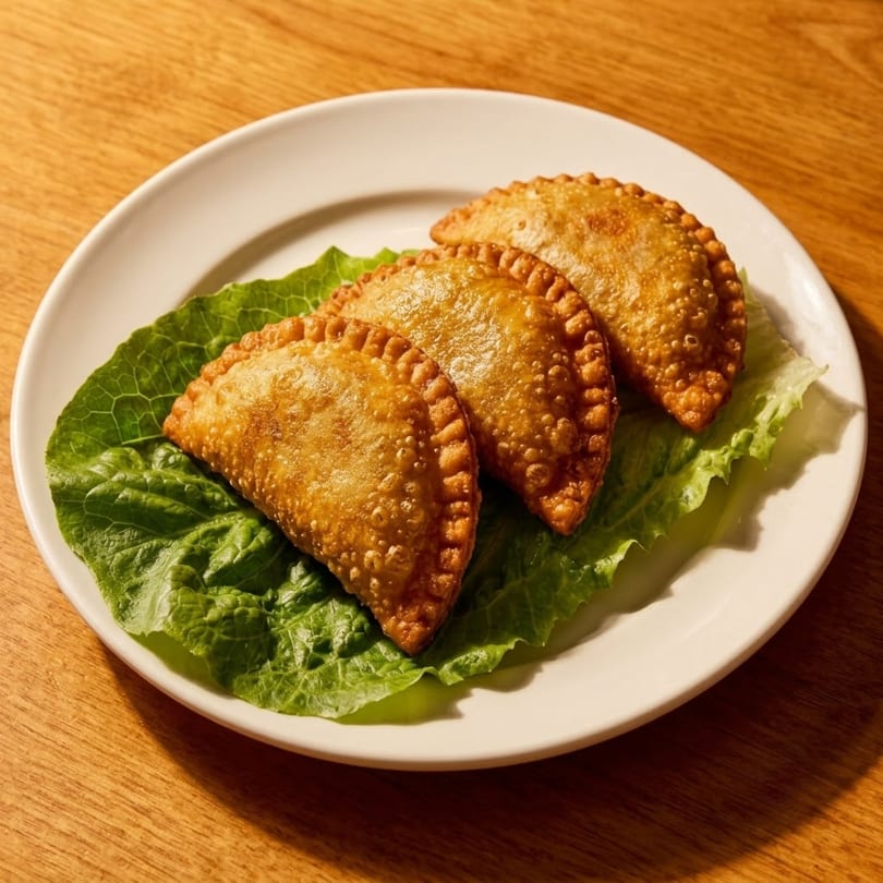 Three golden-brown empanadas rest on a bed of fresh green lettuce on a white plate.