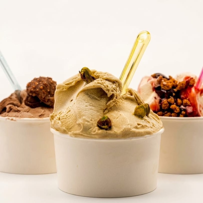 Three cups of gelato: pistachio, chocolate with a Ferrero Rocher, and berry crumble.