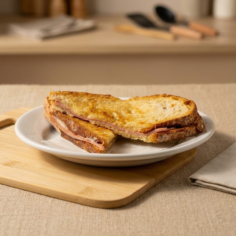 Golden-brown grilled ham and cheese sandwich, cut in half, on a white plate and wooden board.