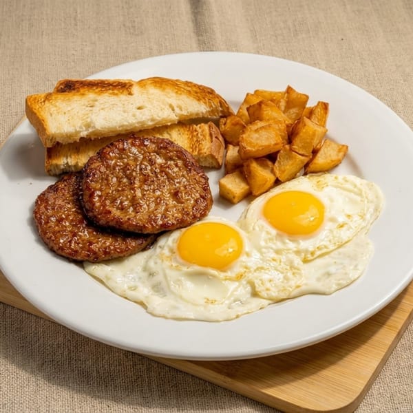 Breakfast plate with two fried eggs, two sausage patties, toast, and home fries.