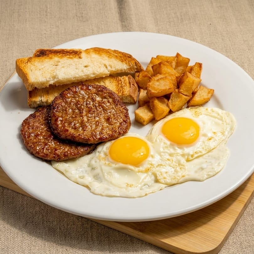 Breakfast plate with two fried eggs, two sausage patties, toast, and home fries.